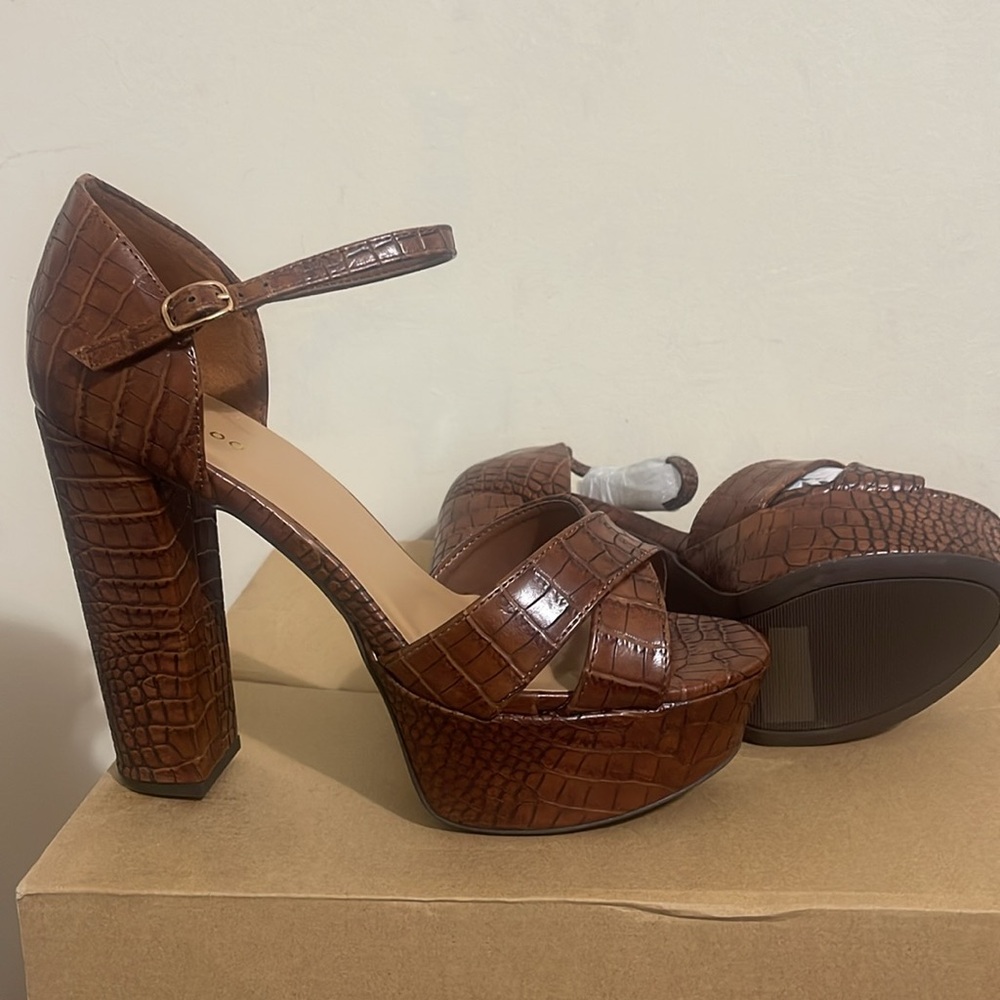 Brown Crocodile Pattern Platform Heels - image 3